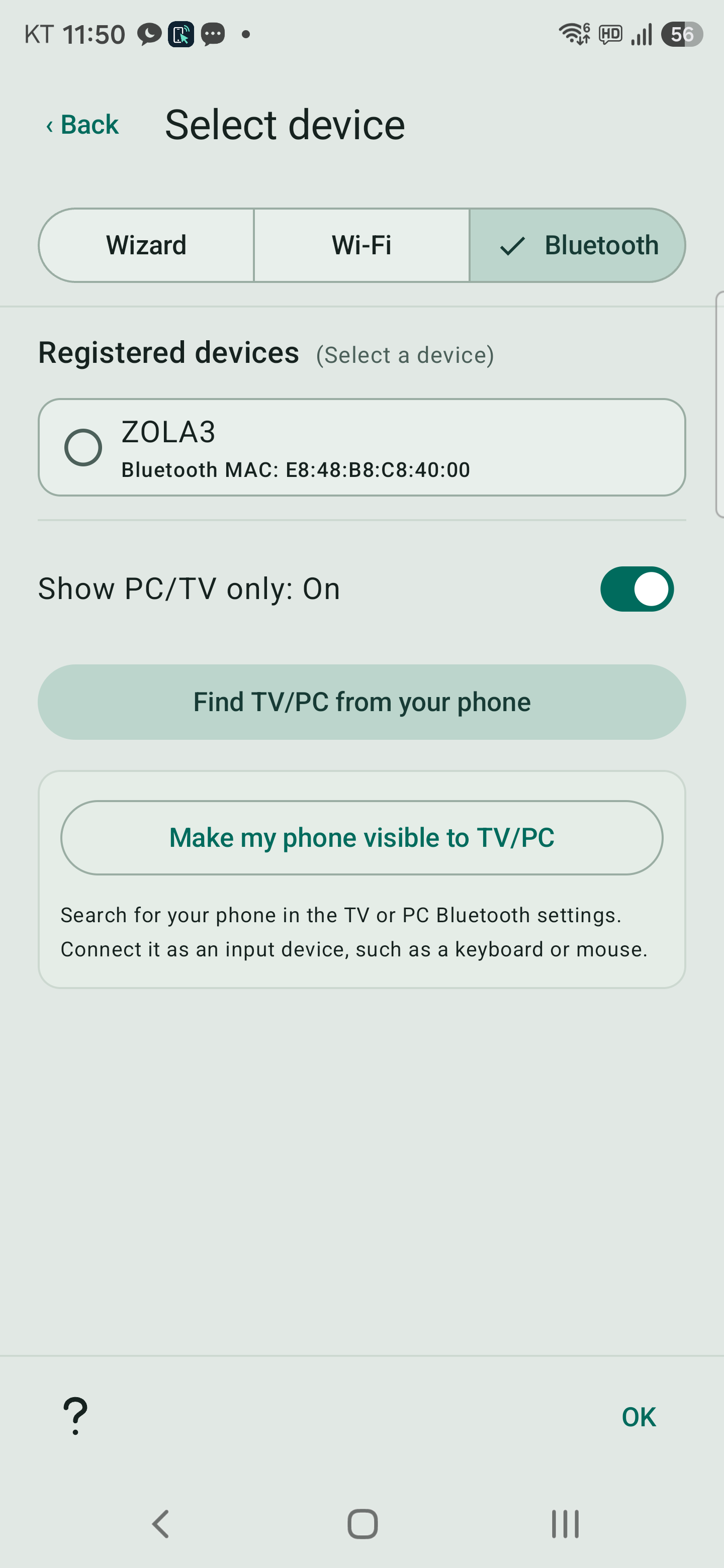 Registered Bluetooth devices: tap a device to connect