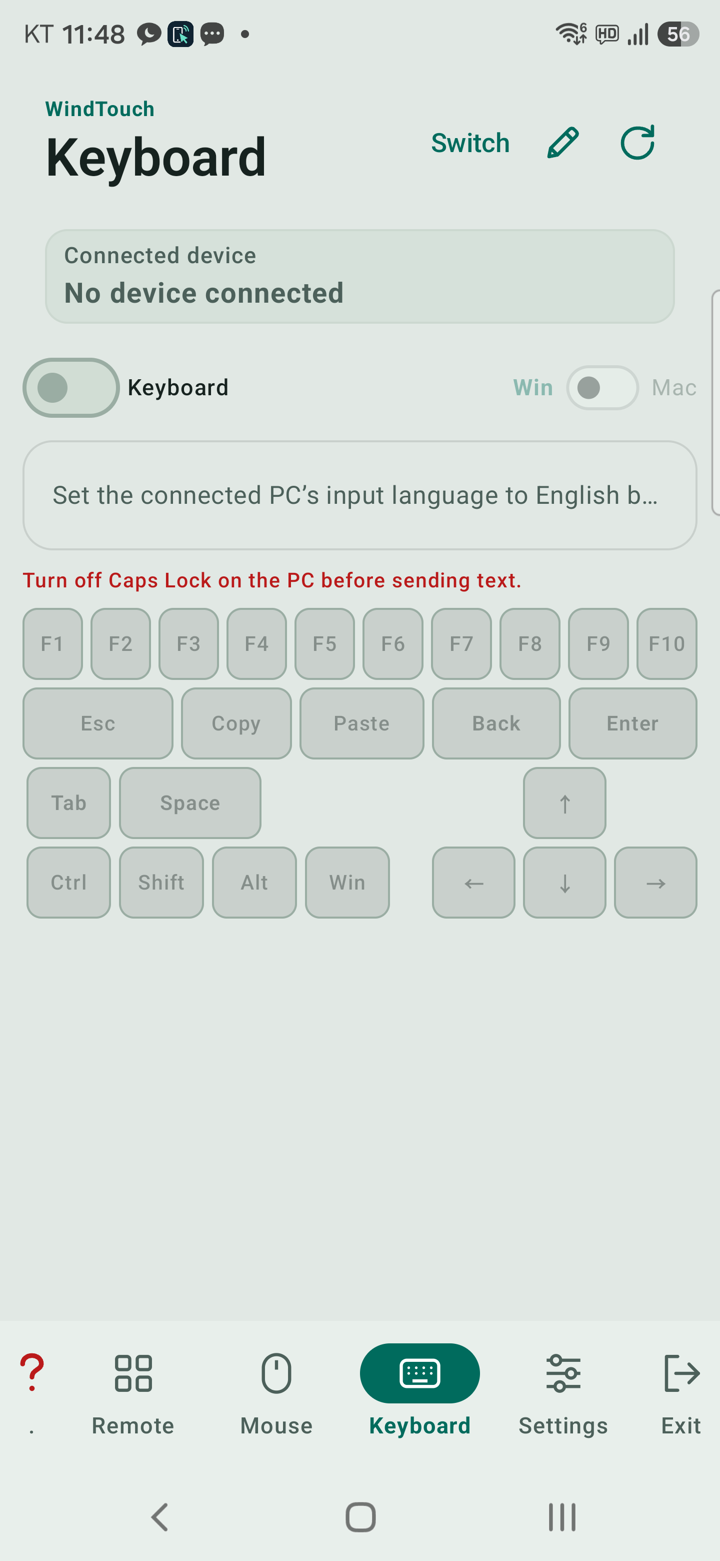 Keyboard tab: input mode and Win / Mac