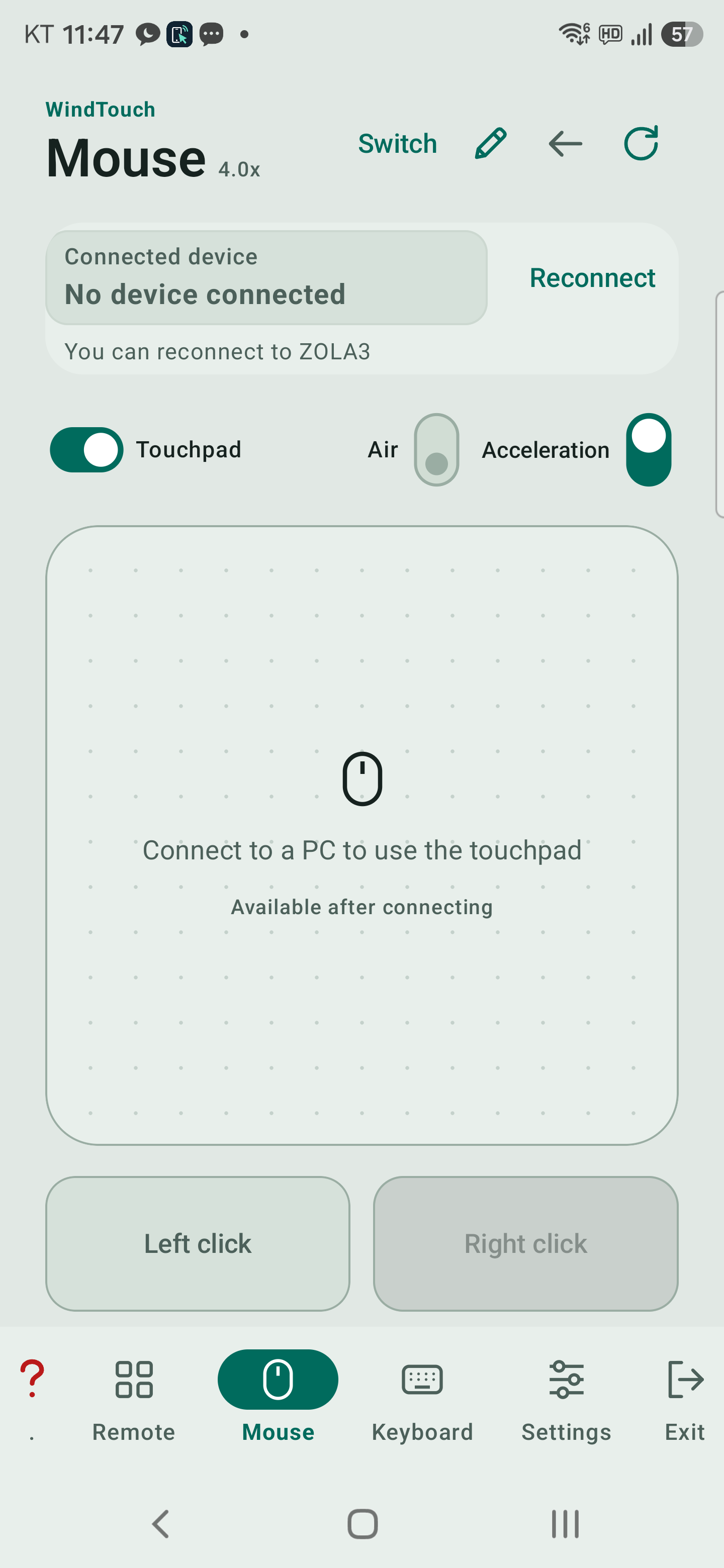 Mouse tab before a Bluetooth PC connection