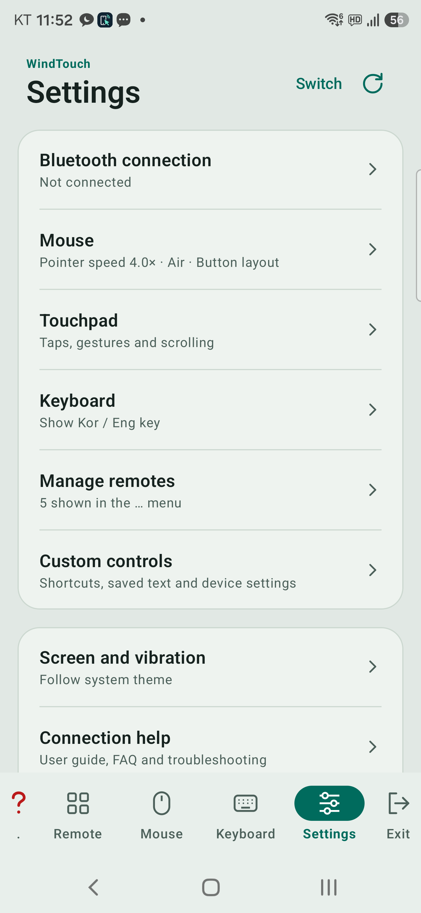 Settings menu