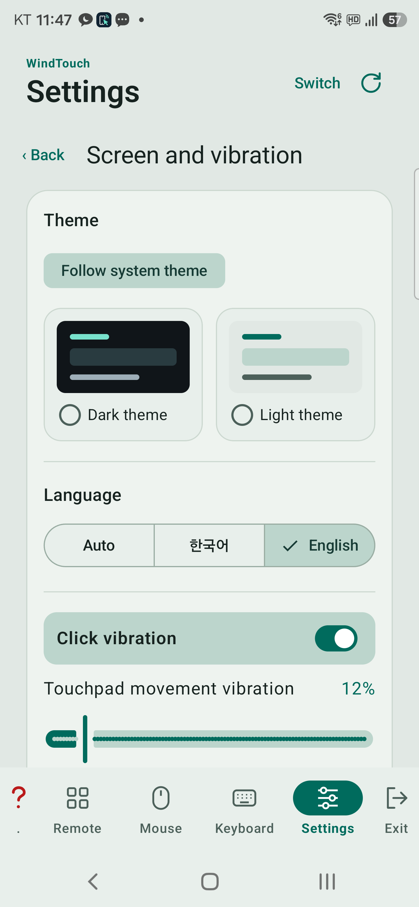 Theme and language settings